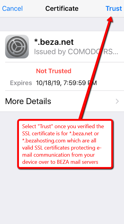 iphone setup trust *.beza.net SSL certificate