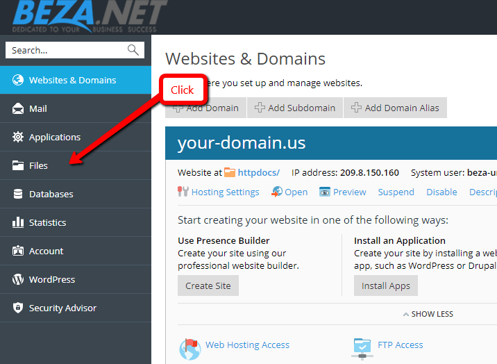 BEZA.NET web hosting file manager step 2