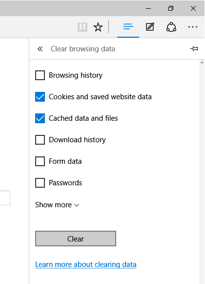 MS Edge Clear Cache screenshot